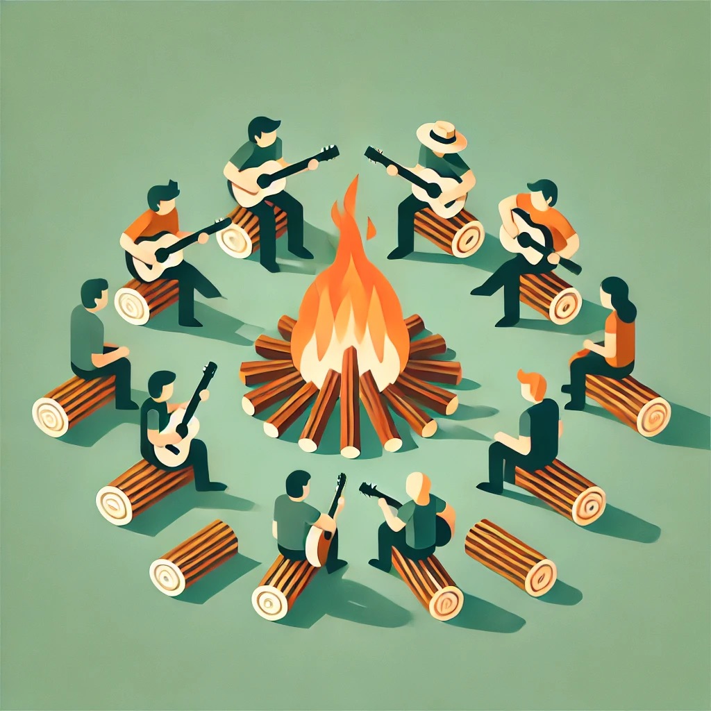 Kampvuur klaar: 60 gitaarlessen + Wekelijkse webinar + Groepslessen + Kampvuuravond